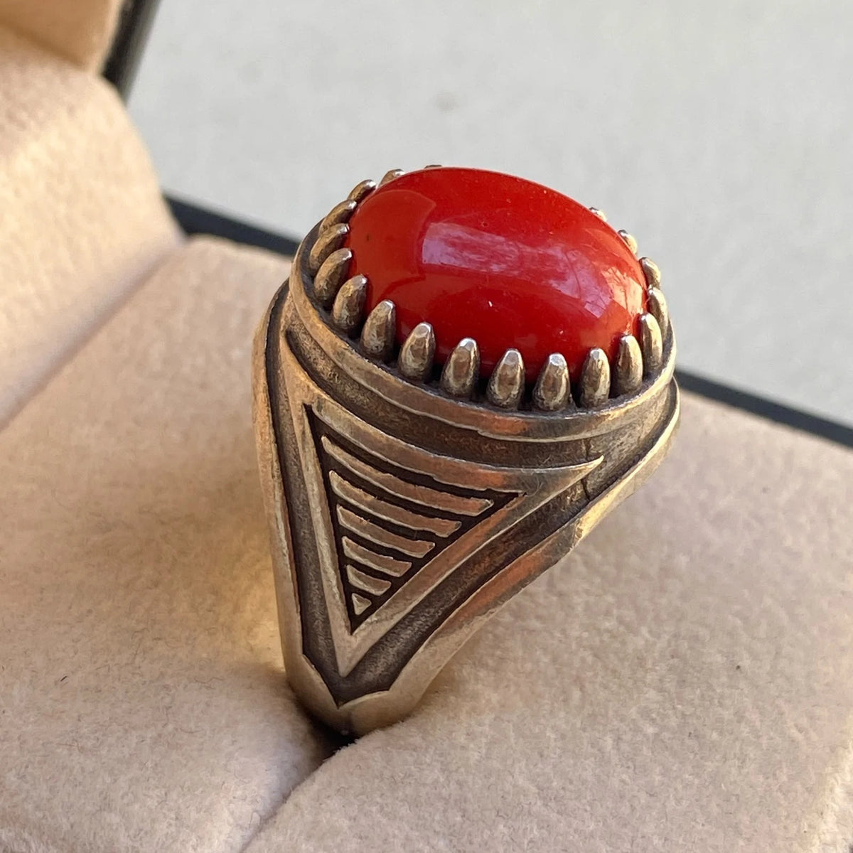 Handmade Yemeni Red Coral Mens Ring | 925 Sterling Silver Gemstone Gift for Him