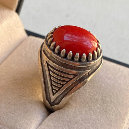 Handmade Yemeni Red Coral Mens Ring | 925 Sterling Silver Gemstone Gift for Him