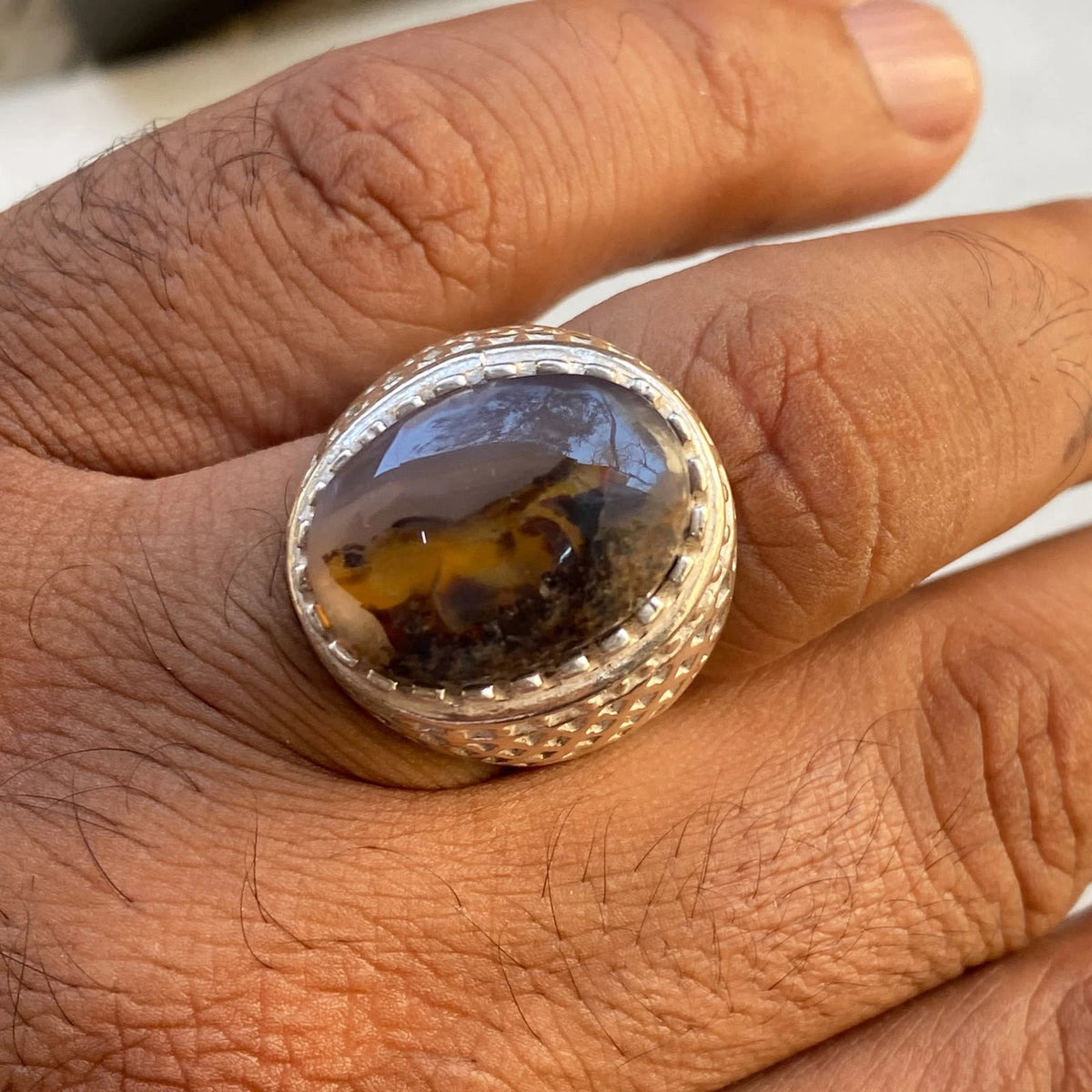 Natural Yemeni Agate Mens Ring | Oval Gemstone 925 Sterling Silver Gift for Him