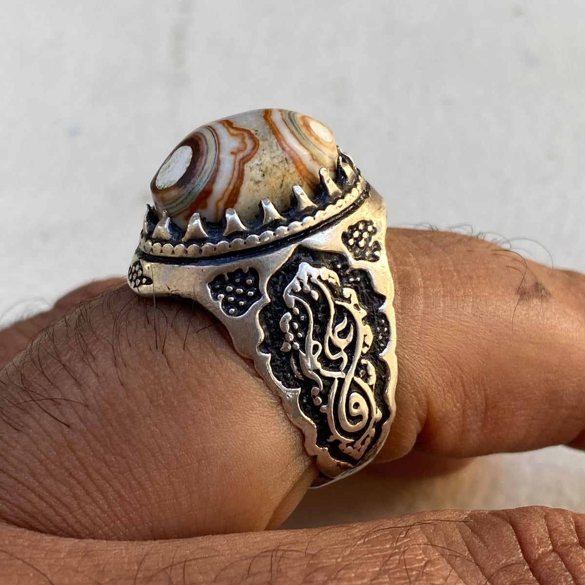 Natural Yemeni Dawoudi Agate Mens Ring | Sultani Eyes Aqeeq 925 Sterling Silver