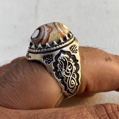 Natural Yemeni Dawoudi Agate Mens Ring | Sultani Eyes Aqeeq 925 Sterling Silver