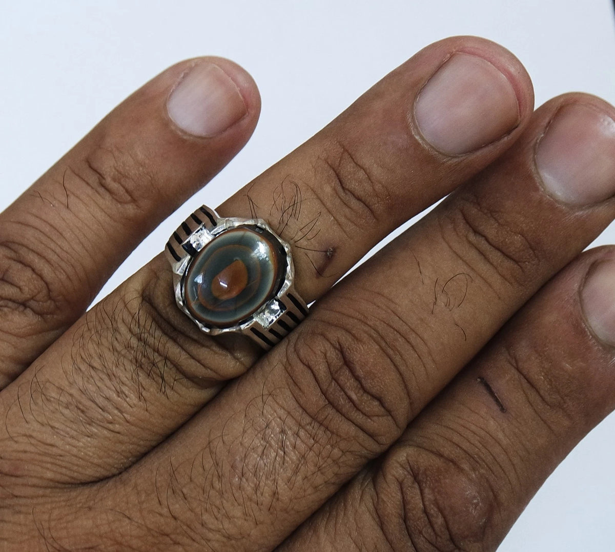 Natural Yemeni Bovine Bull Eye Agate Mens Ring | 925 Sterling Silver (Size 10 US)