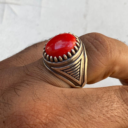 Handmade Yemeni Red Coral Mens Ring | 925 Sterling Silver Gemstone Gift for Him