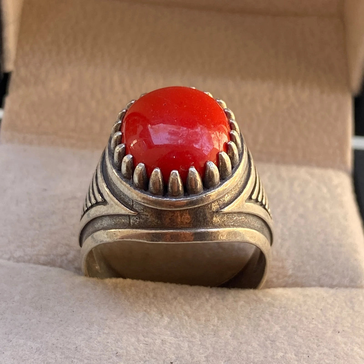 Handmade Yemeni Red Coral Mens Ring | 925 Sterling Silver Gemstone Gift for Him