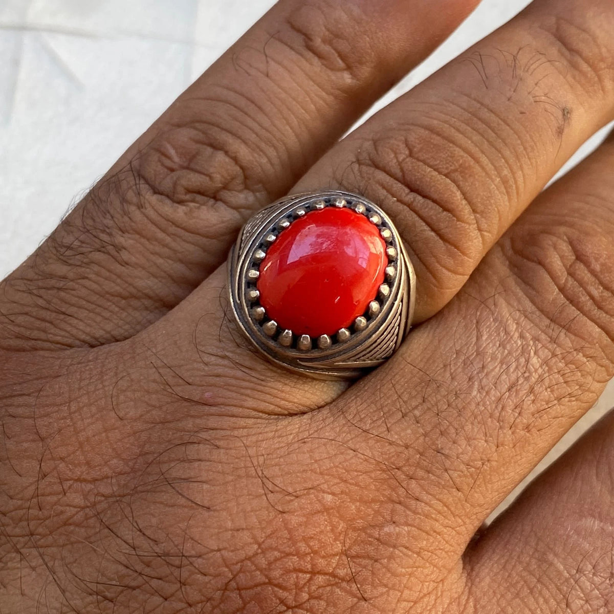 Handmade Yemeni Red Coral Mens Ring | 925 Sterling Silver Gemstone Gift for Him