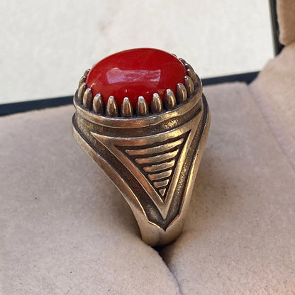 Handmade Yemeni Red Coral Mens Ring | 925 Sterling Silver Gemstone Gift for Him