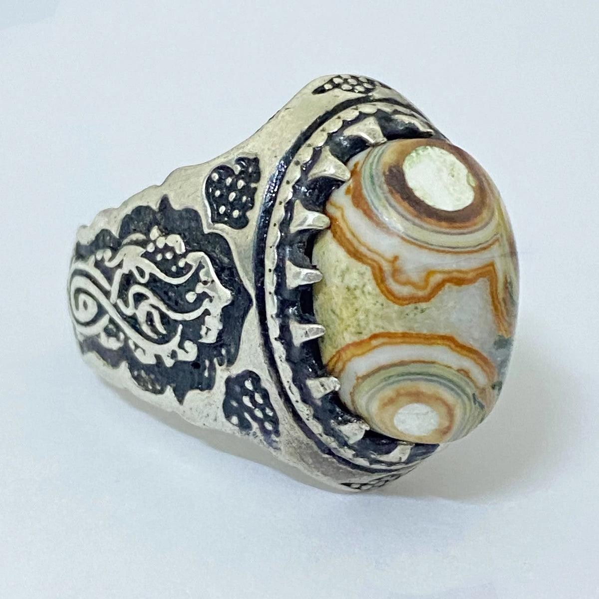 Natural Yemeni Dawoudi Agate Mens Ring | Sultani Eyes Aqeeq 925 Sterling Silver