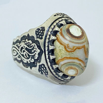 Natural Yemeni Dawoudi Agate Mens Ring | Sultani Eyes Aqeeq 925 Sterling Silver