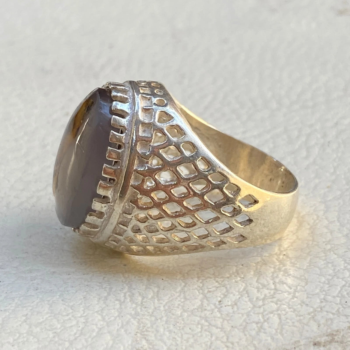Natural Yemeni Agate Mens Ring | Oval Gemstone 925 Sterling Silver Gift for Him