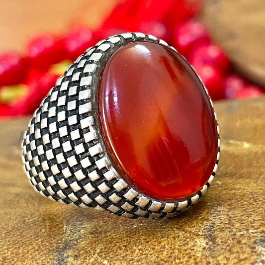 Luxury Natural Yemeni Liver Red Agate Mens Ring | Genuine Kapidy Aqeeq 925 Sterling Silver Handcrafted