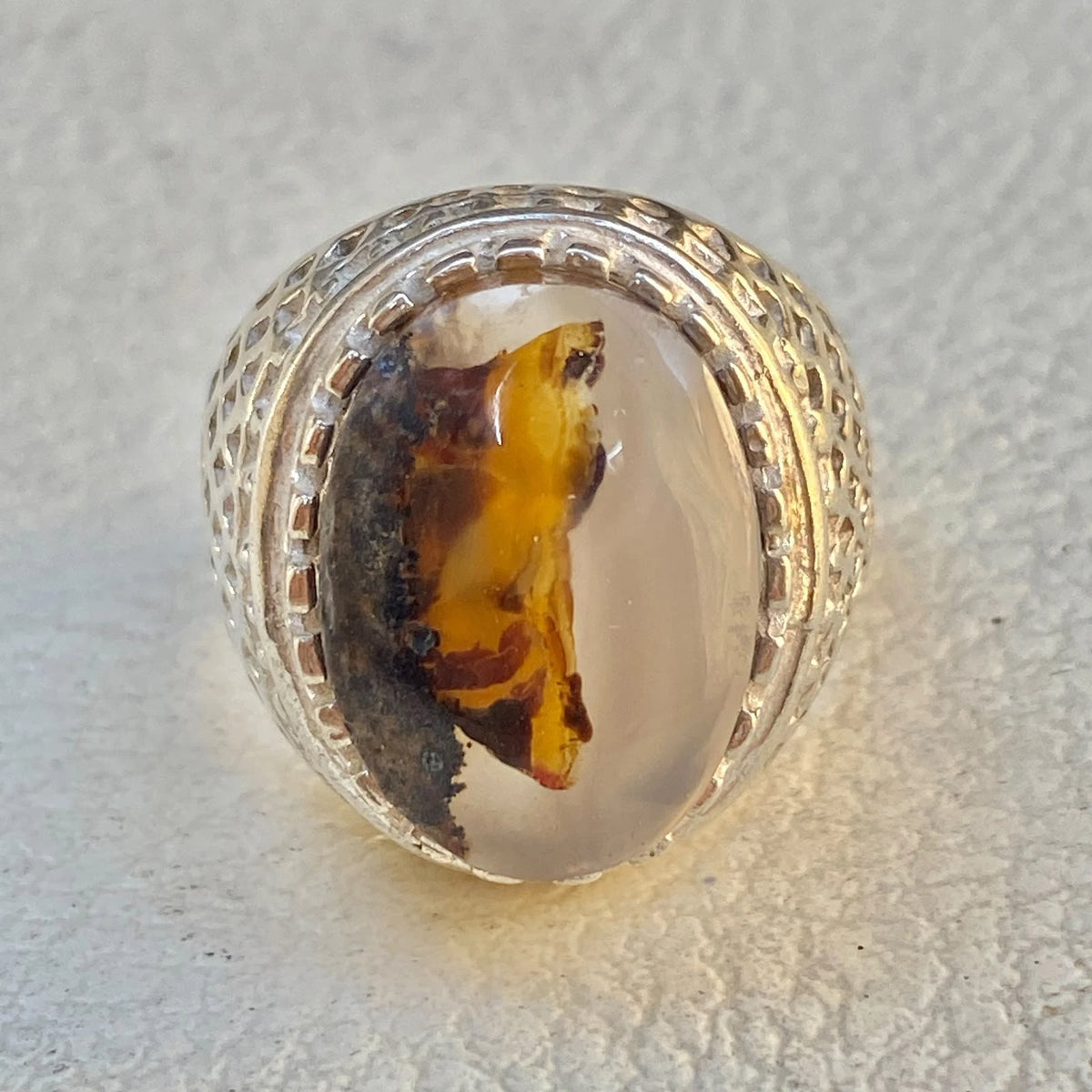 Natural Yemeni Agate Mens Ring | Oval Gemstone 925 Sterling Silver Gift for Him