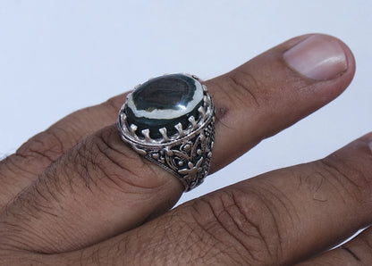 Handmade 925 Sterling Silver Mens Ring Natural Yemeni Eye Agate Baqarani Aqeeq