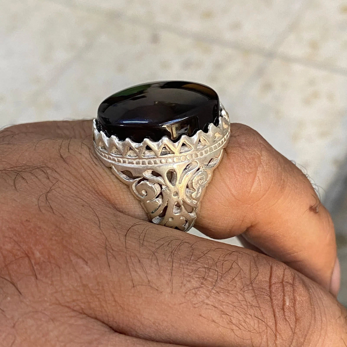 Genuine Yemeni Shefat Abed Black Agate Mens Ring | 925 Sterling Silver shefat abeed