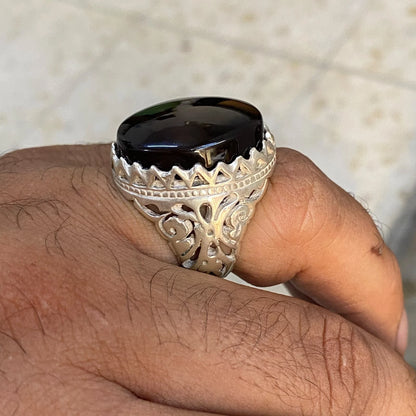 Genuine Yemeni Shefat Abed Black Agate Mens Ring | 925 Sterling Silver shefat abeed