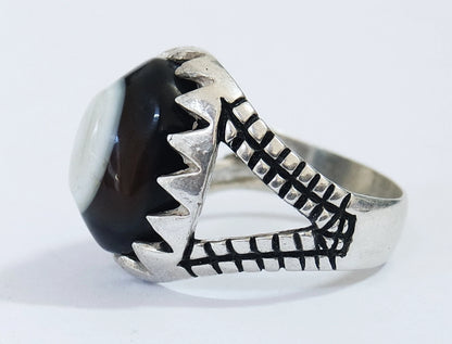 Natural Yemeni Black and White Banded Agate Mens Ring | 925 Sterling Silver جزع بقراني