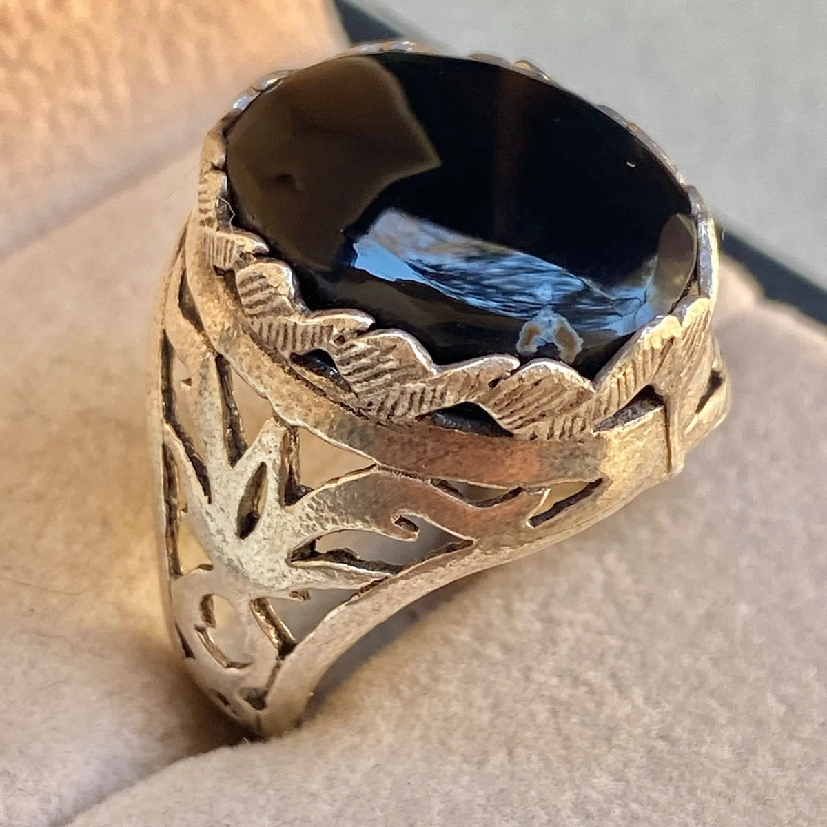 Authentic Yemeni Kapidy Black Agate Mens Ring | Genuine Aqeeq 925 Sterling Silver Handcrafted Vintage Middle Eastern Fine Jewelry