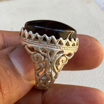 Genuine Yemeni Shefat Abed Black Agate Mens Ring | 925 Sterling Silver shefat abeed