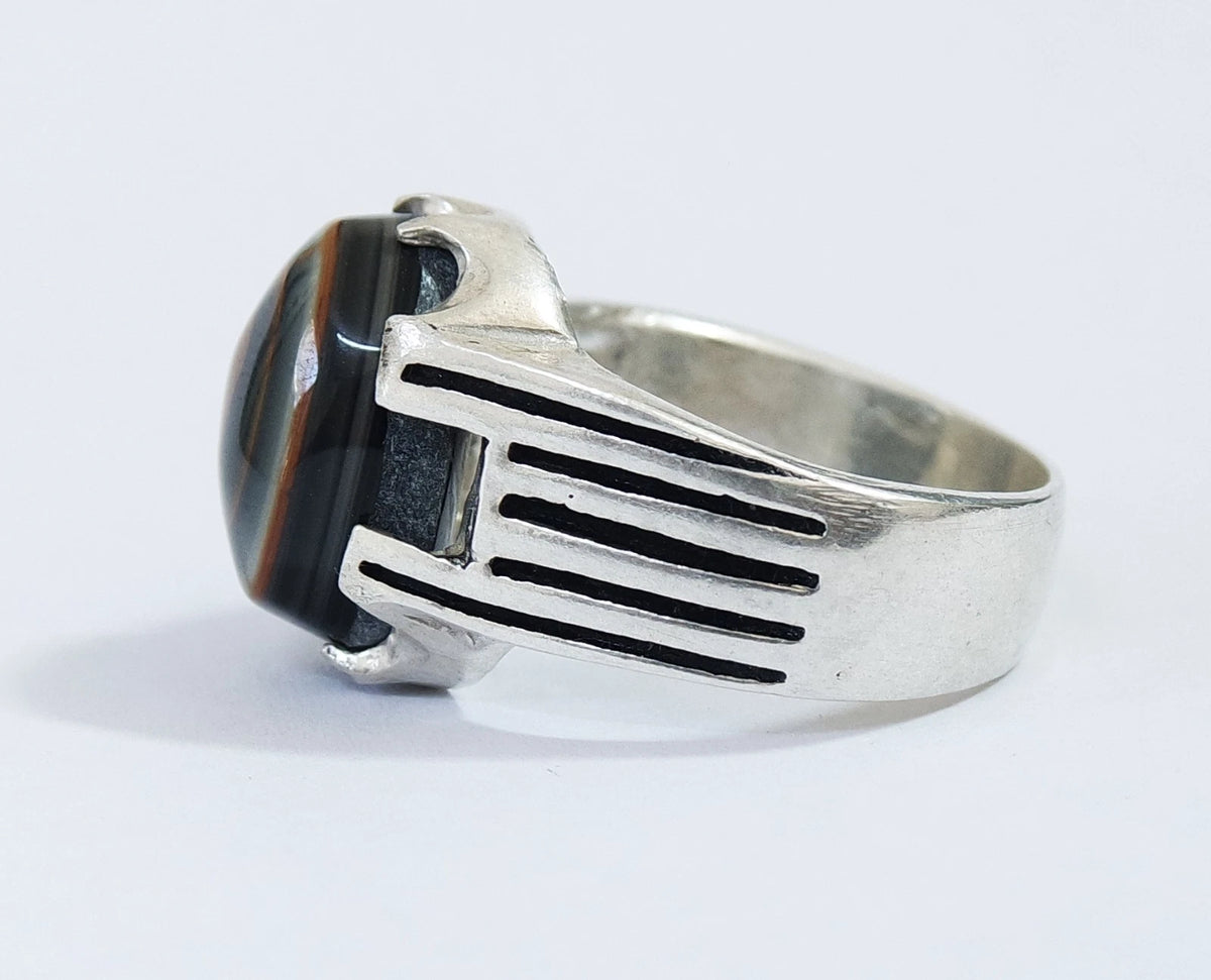 Natural Yemeni Bovine Bull Eye Agate Mens Ring | 925 Sterling Silver (Size 10 US)