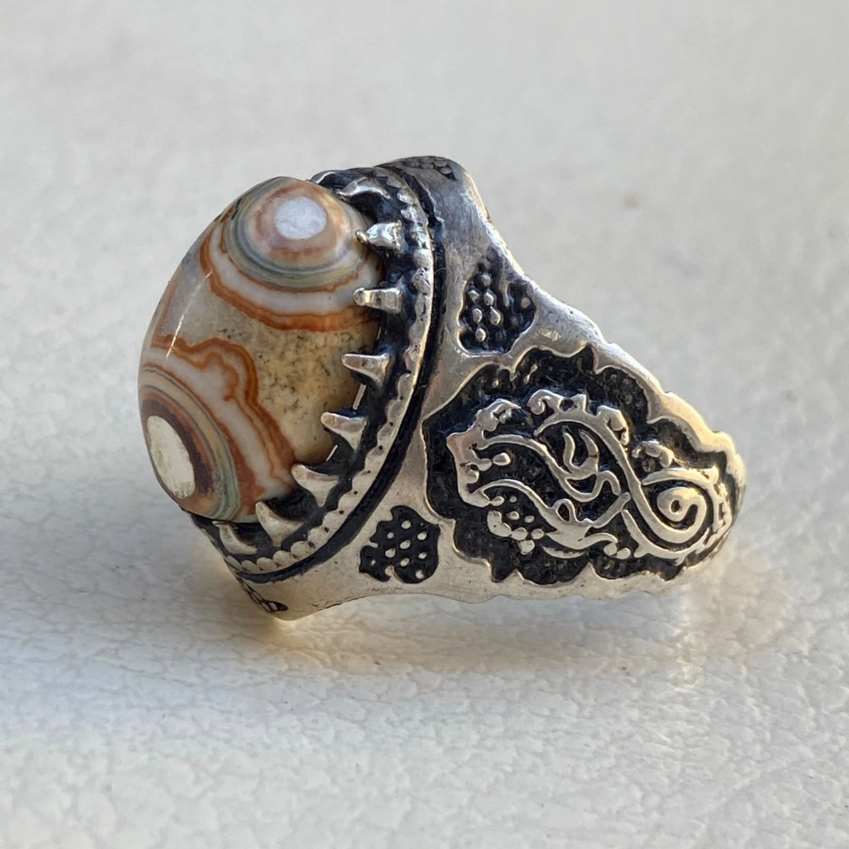 Natural Yemeni Dawoudi Agate Mens Ring | Sultani Eyes Aqeeq 925 Sterling Silver