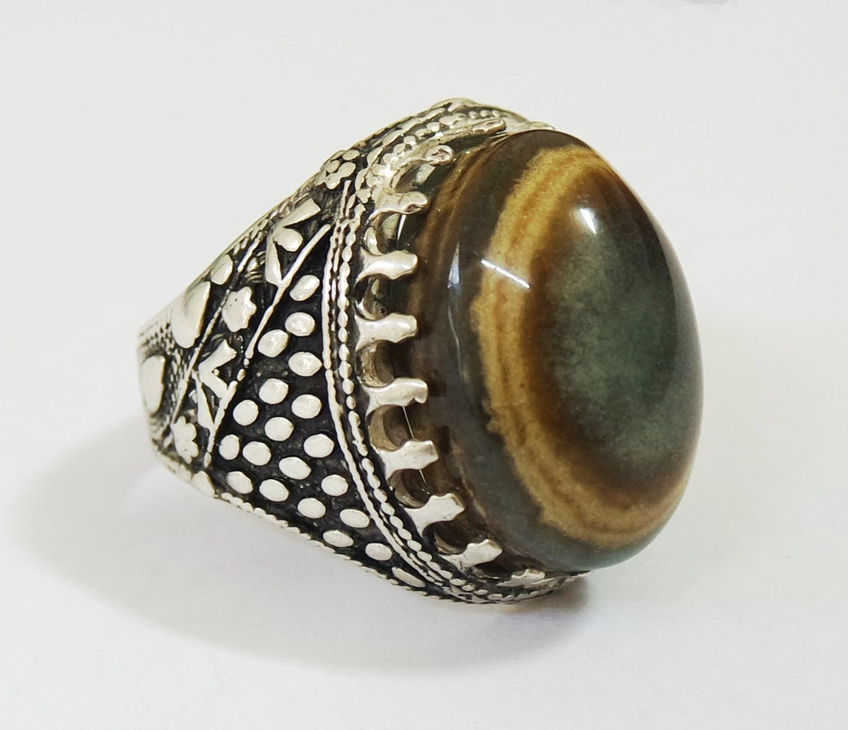 925 Sterling Silver Mens Ring Natural Yemeni Bovine Eye Agate Jaza jewelry
