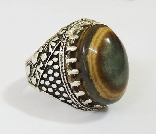 925 Sterling Silver Mens Ring Natural Yemeni Bovine Eye Agate Jaza jewelry