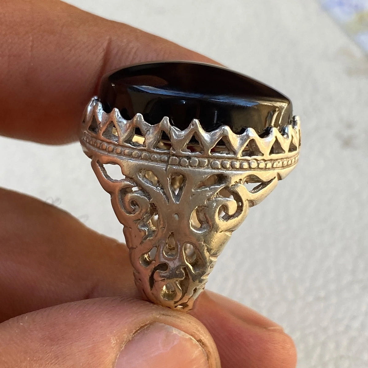 Genuine Yemeni Shefat Abed Black Agate Mens Ring | 925 Sterling Silver shefat abeed