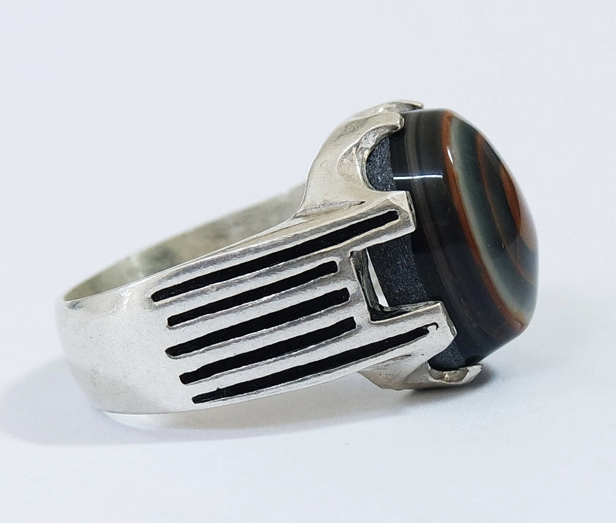 Natural Yemeni Bovine Bull Eye Agate Mens Ring | 925 Sterling Silver (Size 10 US)