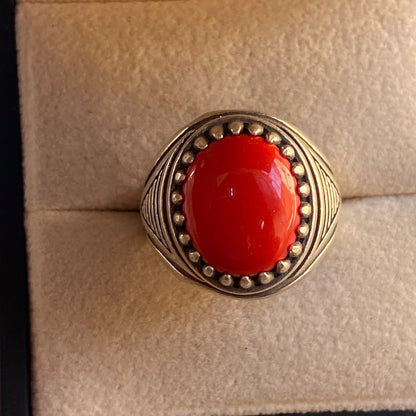 Handmade Yemeni Red Coral Mens Ring | 925 Sterling Silver Gemstone Gift for Him