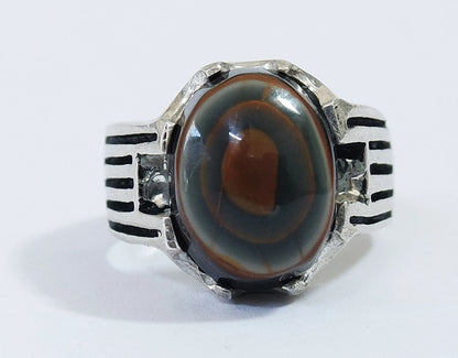Natural Yemeni Bovine Bull Eye Agate Mens Ring | 925 Sterling Silver (Size 10 US)