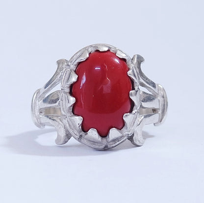 Natural Yemeni Red Coral Mens Ring | Vintage Middle Eastern 925 Sterling Silver