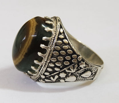 925 Sterling Silver Mens Ring Natural Yemeni Bovine Eye Agate Jaza jewelry