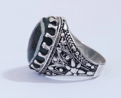 Handmade 925 Sterling Silver Mens Ring Natural Yemeni Eye Agate Baqarani Aqeeq