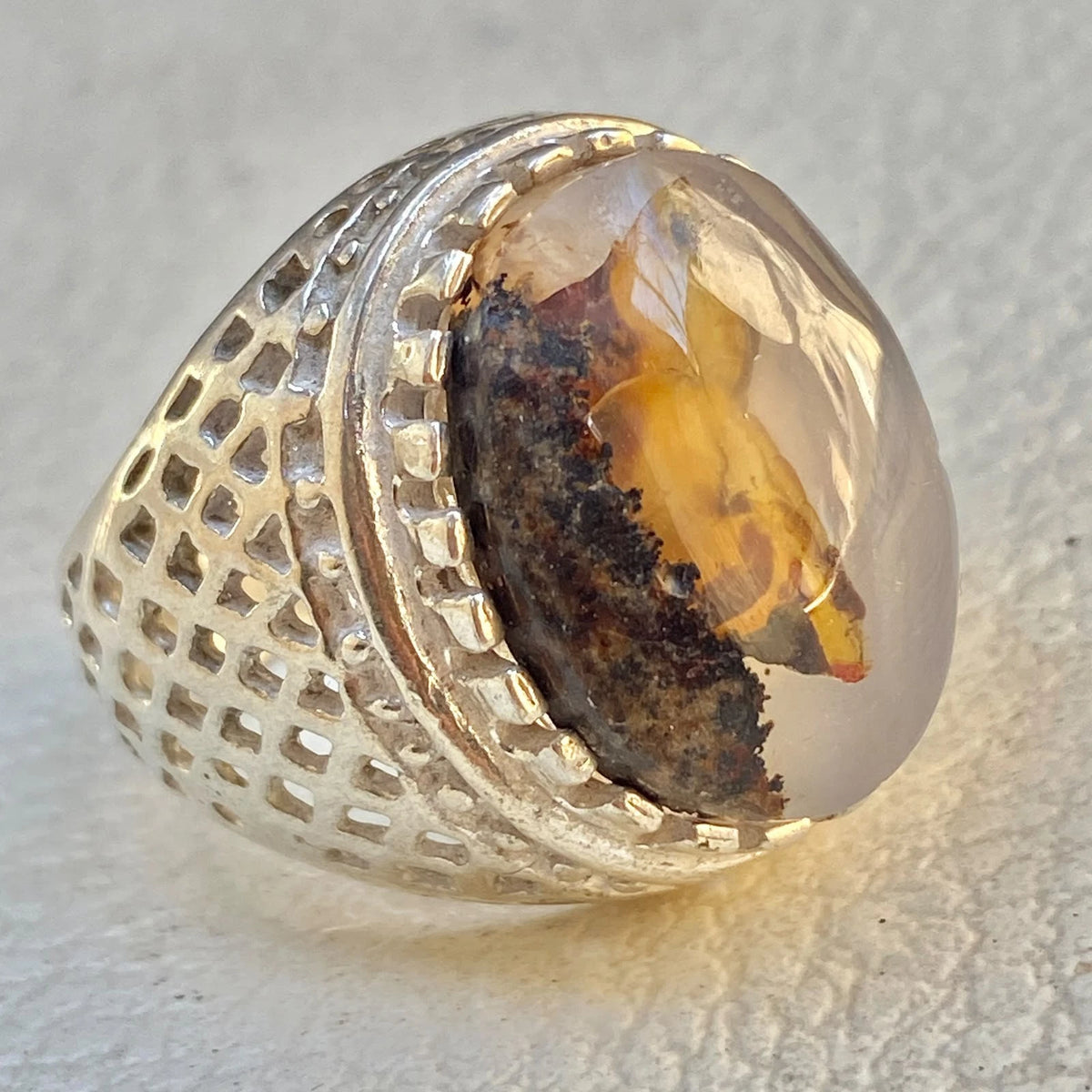 Natural Yemeni Agate Mens Ring | Oval Gemstone 925 Sterling Silver Gift for Him
