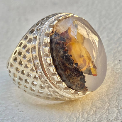 Natural Yemeni Agate Mens Ring | Oval Gemstone 925 Sterling Silver Gift for Him
