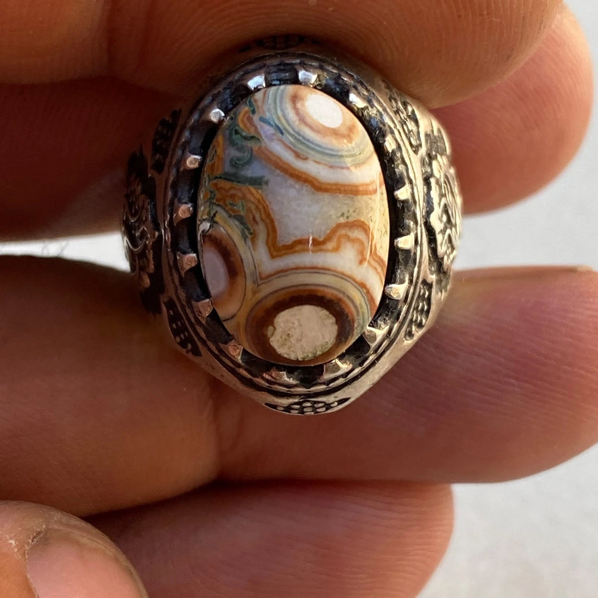 Natural Yemeni Dawoudi Agate Mens Ring | Sultani Eyes Aqeeq 925 Sterling Silver