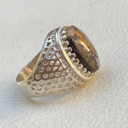 Natural Yemeni Agate Mens Ring | Oval Gemstone 925 Sterling Silver Gift for Him
