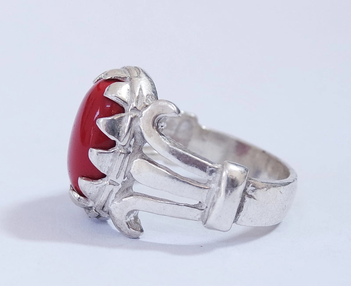 Natural Yemeni Red Coral Mens Ring | Vintage Middle Eastern 925 Sterling Silver
