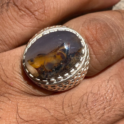 Natural Yemeni Agate Mens Ring | Oval Gemstone 925 Sterling Silver Gift for Him