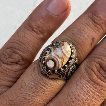 Natural Yemeni Dawoudi Agate Mens Ring | Sultani Eyes Aqeeq 925 Sterling Silver